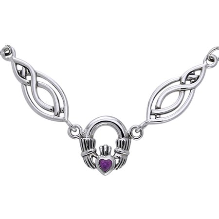Jewelry Trends Sterling Silver Celtic Claddagh with Amethyst Pendant on Oval Knot and Chain Necklace