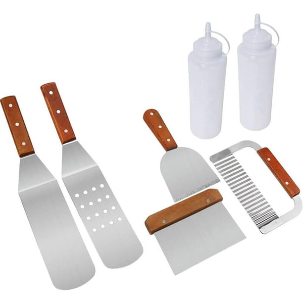 Juego de accesorios para plancha profesional de 7 piezas, espátula para barbacoa y raspador, herramientas Teppanyaki de acero inoxidable para cocinar en plano en el Kit de parrilla para barb JFHHH pequeña