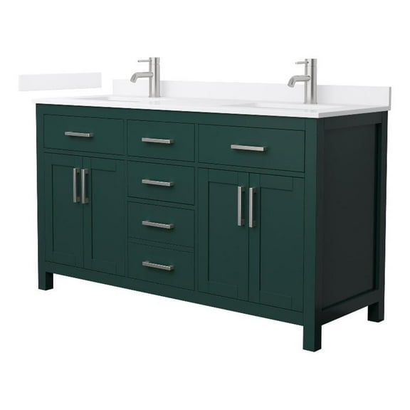 Beckett 60" Green Double Vanity & White Quartz Top (1-Hole) & Nickel Trim