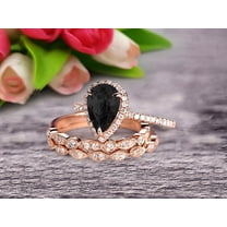 Milgrain Art Deco 8x5mm Pear Shape Black Diamond Moissanite Engagement Ring Set 2.75 Carat Weight Trio Set Stacking Matching Wedding Band Solid 10k Rose Gold Anniversary Ring