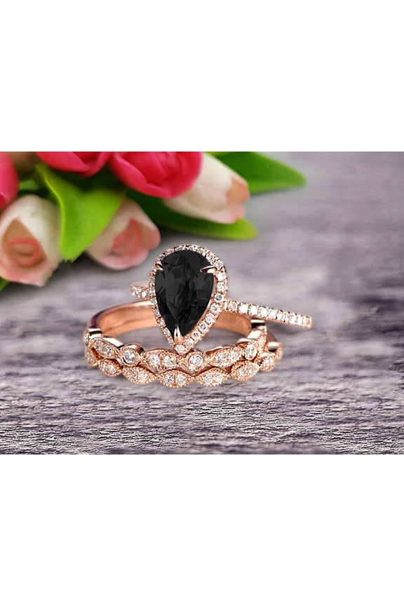 Milgrain Art Deco 8x5mm Pear Shape Black Diamond Moissanite Engagement Ring Set 2.75 Carat Weight Trio Set Stacking Matching Wedding Band Solid 10k Rose Gold Anniversary Ring