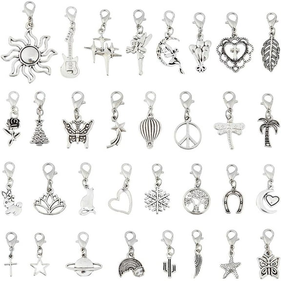32Pcs Clip on Charm Assorted Animal Dangle Charms with Clasp Silver Flower Leaf Bracelet Charms Vintage Alloy Moon Charm Stitch Marker Charm
