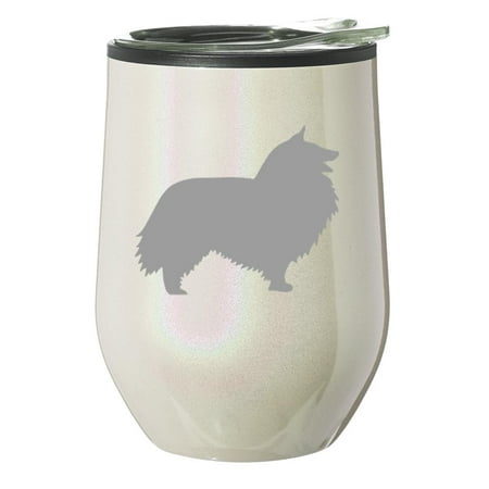 

Stemless Wine Tumbler Coffee Travel Mug Glass With Lid Gift Shetland Sheepdog (Pearl Glitter)