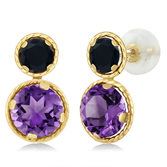 Gem Stone King 14K Yellow Gold Purple Amethyst and Black Onyx Earrings for Women (2.44 Cttw, Gemstone February Birthstone, Round Cut 6MM and 4MM)