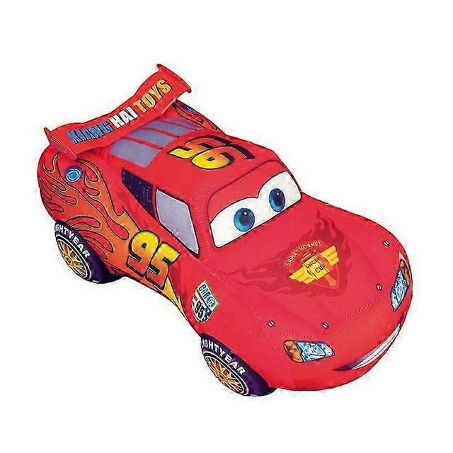 cars lightning mcqueen car children's baby doll racing plush toy a perfect holiday gift for children doll throw pillows Cojín de felpa en forma de auto de carreras rojo, vista 3/4 frontal; silueta acolchada con ojos impresos en la cabina, número 95 en techo y costados, motivos de llamas y alerón trasero con texto de marca, relleno de algodón PP; a menudo usado como cojín decorativo para cuarto infantil o regalo de temporada.