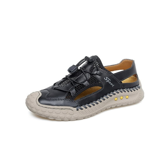 Mens Closed Toe Sandals Outdoor Beach Sneakers Breathable Lightweight Fisherman Shoes Casual Leather Hiking Black 9 US