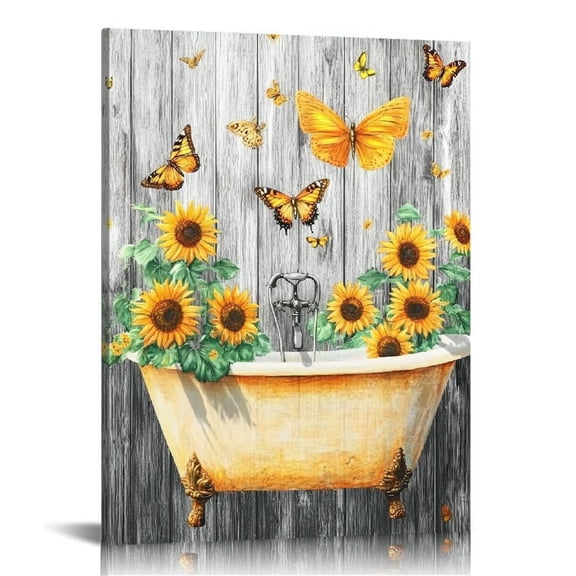 Sunflower Bathroom Wall Art Sunflower Butterfly Bathtub Canvas Picture Wall Decor Yellow Sunflower Grey Rustic Background Art Print Painting
