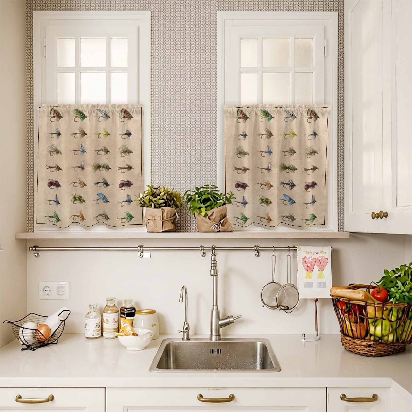Fish Hook Curtain Valances Set Retro Colorful Fish Hook Biographies Linen Texture Kitchen Curtains 36&nbsp;inch Length Rod Pocket Valance and Tiers 3 Piece Set Small Bedroom Bathroom Laundry Decor