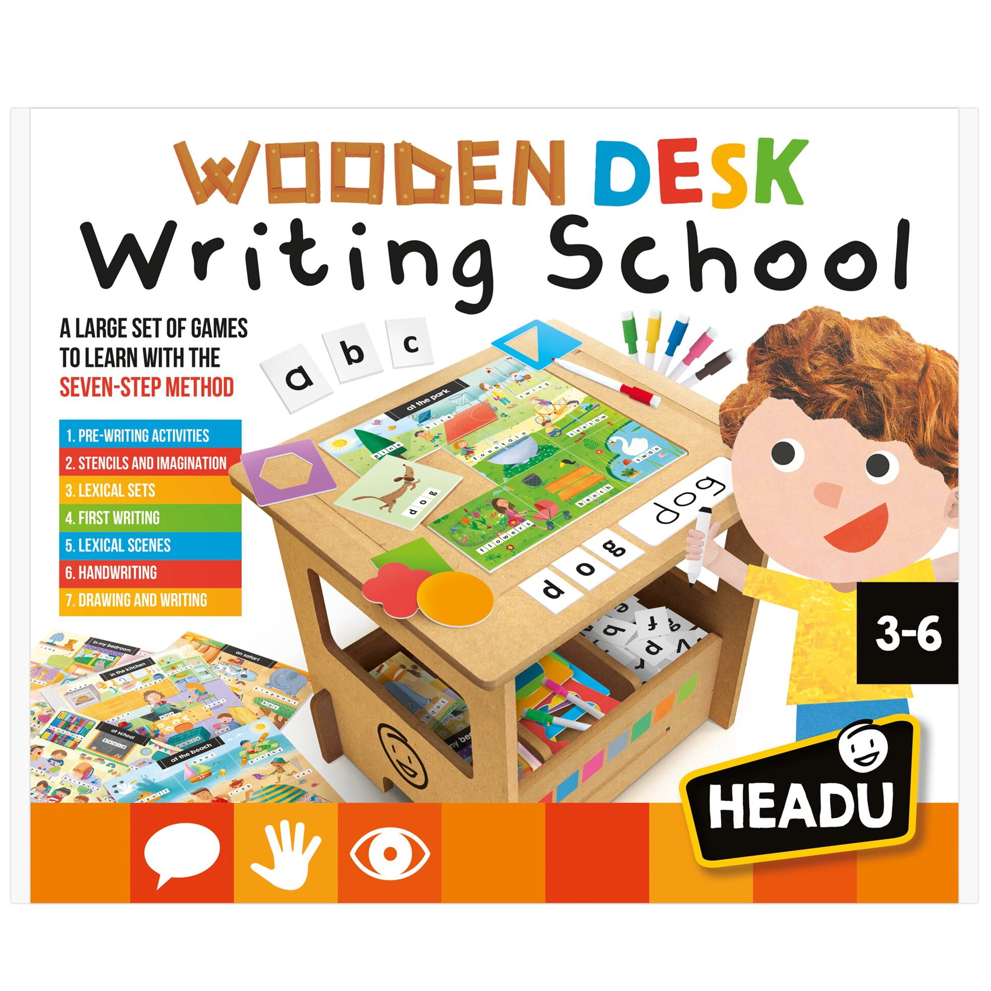 Headu: Wooden Desk Writing School - 7-Step Method Learning Games, Write & Draw Activity Station, Practice Letters & Words, Preschool Play, Kids 3-6