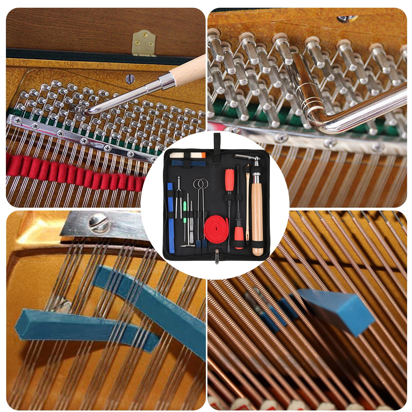 Piano Tuner Hammer Kit 16pcs Piano Tuning Kit Professional Tuning Tools Set Long Handle Tuning Wrench Rubber Mutes Screwdriver Tweezers Hammer Temperament Felt Strip Fork for Piano Tuner with Bag