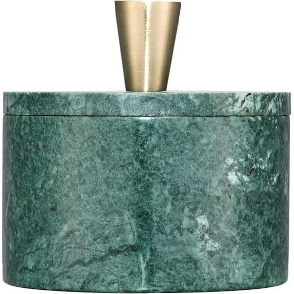 Queenza Green Marble Salt Cellar with Lid and Brass Knob, 3 inches Box for Salt and Spices