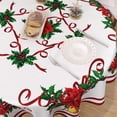 thumbnail image 3 of 60 Inch Round Christmas Tablecloth, Washable Premium Fabric Xmas Table Cloth Poinsettia Flowers and Bell Tablecloths, Waterproof Dining Table Cover for Kitchen Party Picnic Dinner Decor, 3 of 5