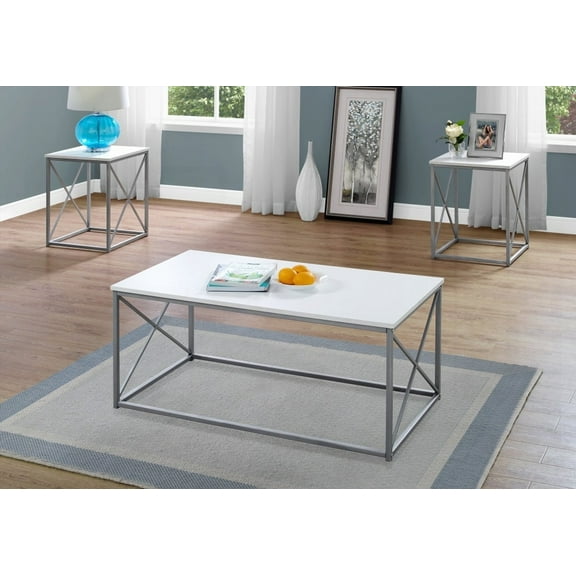 Table Set with 3 Pieces: Coffee, End, Side, Living Room, White Laminate, Grey Metal, Modern Look