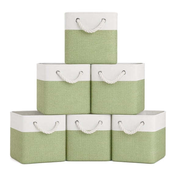 WEAIZYS Cube Storage Bins, Collapsible Fabric Storage Cubes Bins, 11 Inch Cube Storage Bins with Handles, Foldable Storage Cubes (White/Green, 6 Pack)