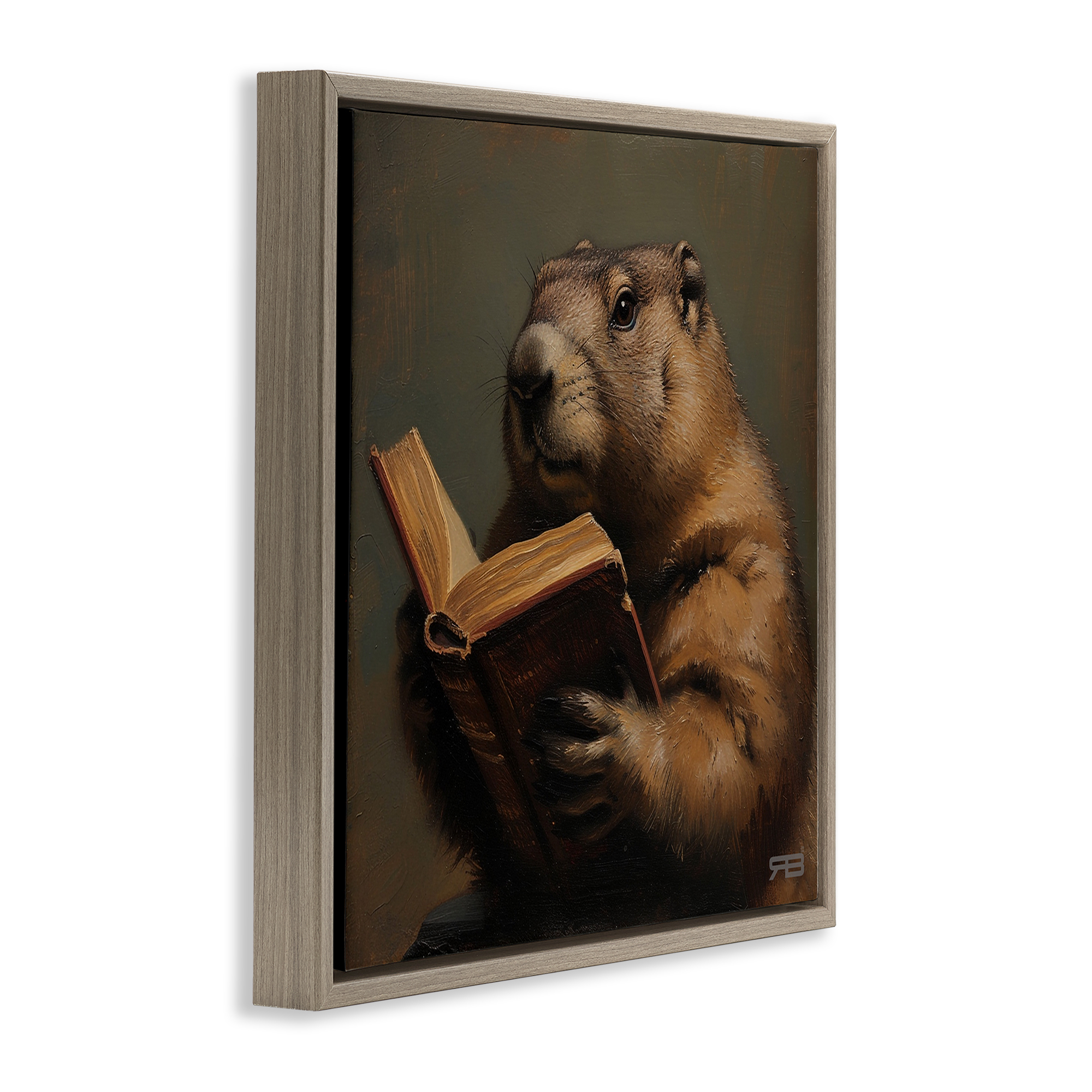 Stupell Industries Groundhog Reading Book Animals & Insects Painting Brown Floater Framed Canvas Art Print Wall Art, 25 x 25