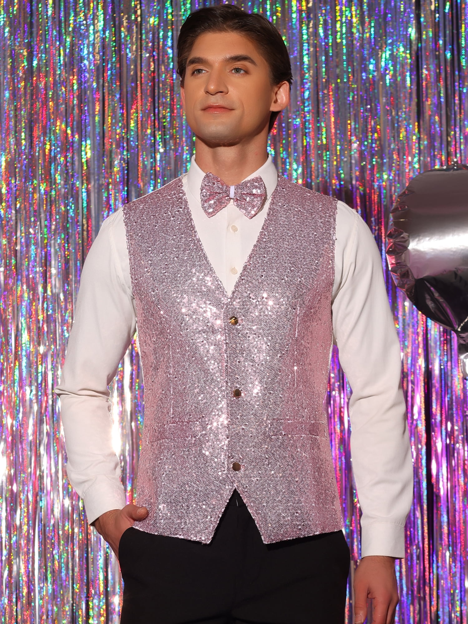 Unique Bargains Men's Disco Shiny Sequin Vest Suit Waistcoat Set with Bow Tie XL Pink