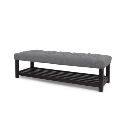 GDF Studio Pelon Contemporary Button Tufted Bench with Shelf  Gray Fabric and Dark Walnut