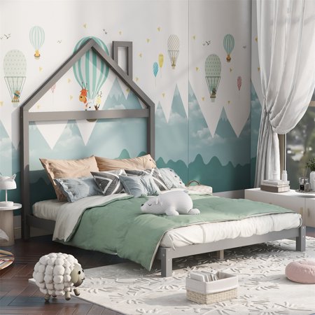 Full Size Wood Platform Bed with House-Shaped Headboard  Floor Bed with Solid Wood Slats  Mattress Foundation  Full Platform Bed Frame for Girls Boys Teens  No Box Spring Needed  Gray