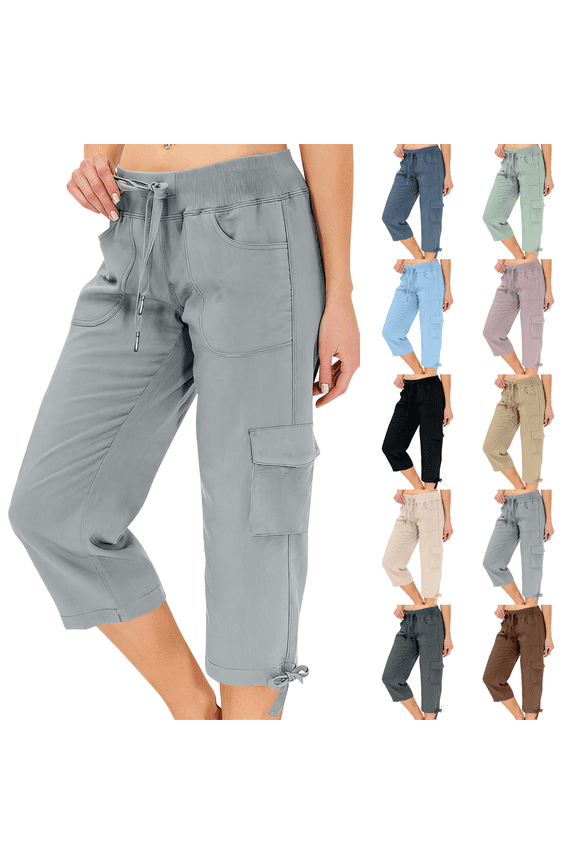 Cargo Capri Pants for Women High Waisted Relaxed Fit Pull on Petite Elastic Knit Waist Casual Capris Trousers Cropped Pants Light Gray 2XL