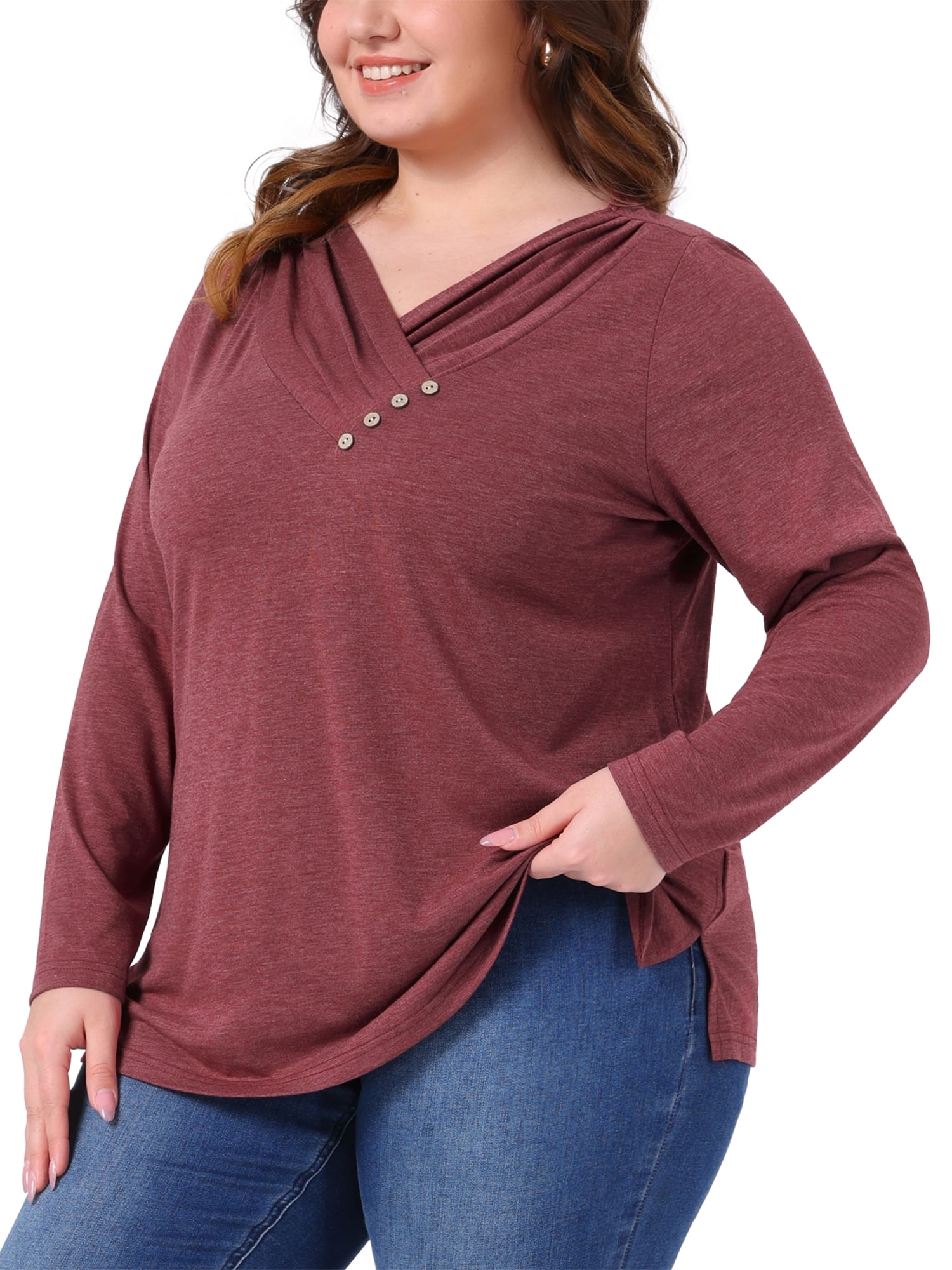 DARING DIVA Women's Plus V Neck Button Fall Pullover Shirt Loose Blouse 2X Burgundy