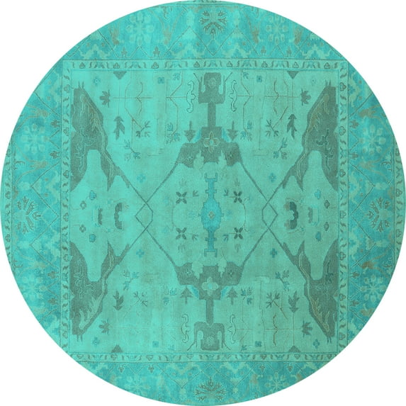 Ahgly Company Machine Washable Indoor Round Oriental Turquoise Blue Industrial Area Rugs, 8' Round