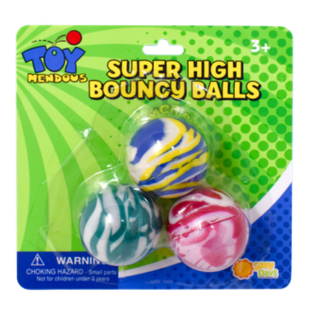 Toymendous Super High Bounce Balls, 3 Multi Colored 1.5” Rubber Bouncy Toys for Kids