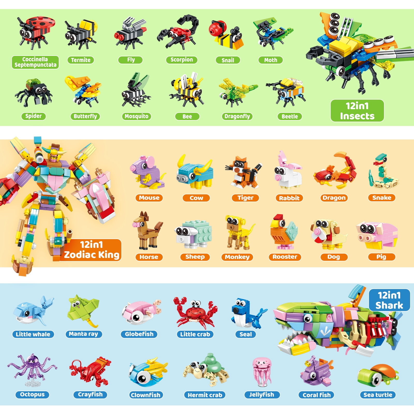 WLBES Party Favors, Classroom Rewards, Goodie Bag Stuffers | 36PCS Mini Animal STEM Building Blocks, 3 Themes 12-in-1 Combine Set for Kids Ages 3+