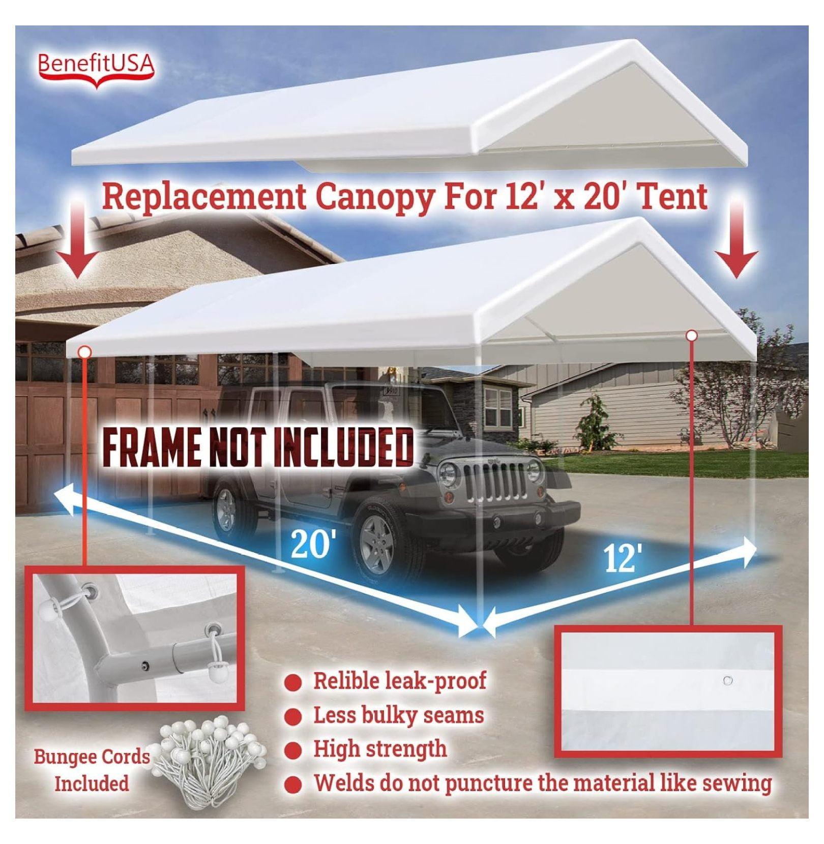 Muli-ti Size Carport Replacement Canopy Garage Top Tarp Shelter Cover w Bungee Cords, Canopy Onl with Edge (12'x20')