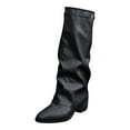 thumbnail image 5 of Fold over Knee High Boots for Women Slouchy Leather Pointed Toe Hidden Chunky Heeled Pull on Tall Shark Boots Black, 5 of 7