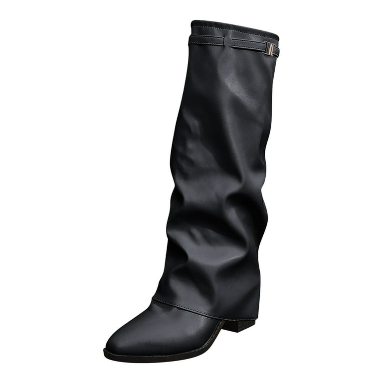 Fold over Knee High Boots for Women Slouchy Leather Pointed Toe