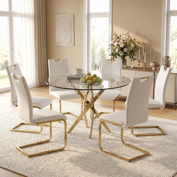 Sumdeal Modern 7-Piece Round Dining Set, 47-Inch Tempered Glass Table and 6 White PU Leather Cantilever Chairs, Gold Metal Legs