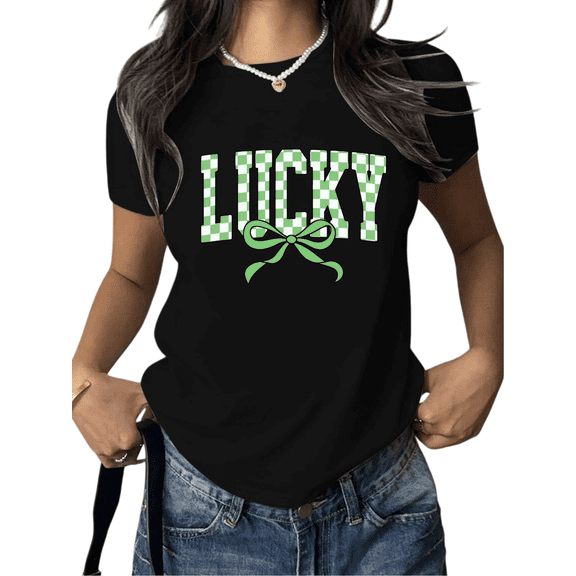 St Patricks Day Lucky Graphic Tees Print Tshirt Shirts Black Green Checkerboard Bow Women Casual Tops S-5XL
