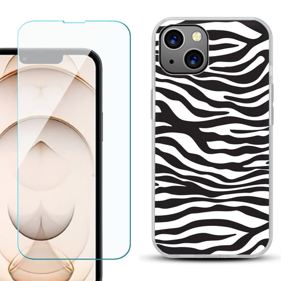 Slim-Fit Flexible TPU Gel Phone Case for iPhone 13, with Tempered Glass Screen Protector, by OneToughShield ® - Zebra B/W