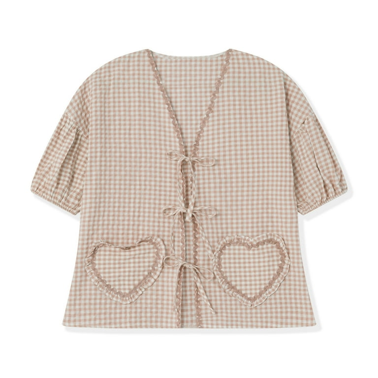 Women Y2k Peplum Shirt Puff Sleeve Tie Front Ruffle Hem