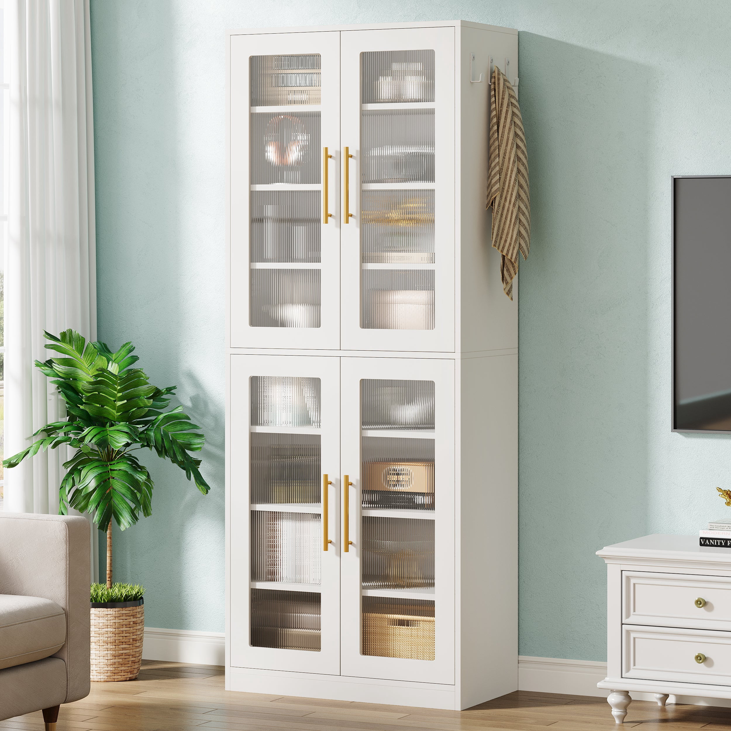 Fnova 66.93" Bookcase with Doors, 8 Tier Storage Cabinet with LED Lights for Living Room, Bedroom, Study, White