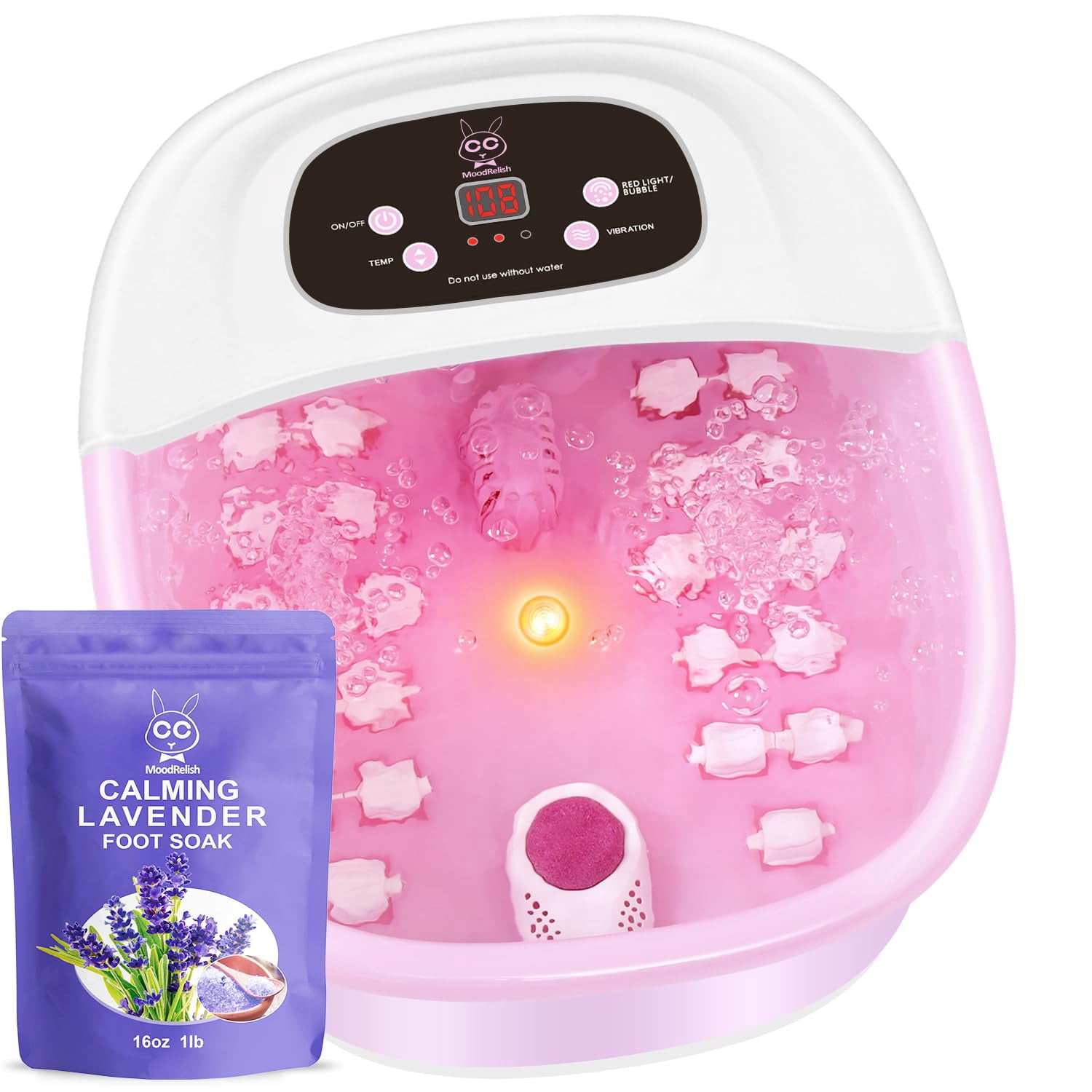 Foot Spa Bath Massager with Heat Bubbles Vibration Jets Red Light 22 Rollers Adjustable Temp Pink