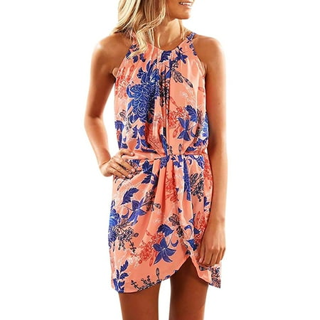 Strapless High Low Print Fysho Women Summer Print Strapless Halter Hanging Neck High Waist Halter Sleeveless Slim Casual Beach Dress ()