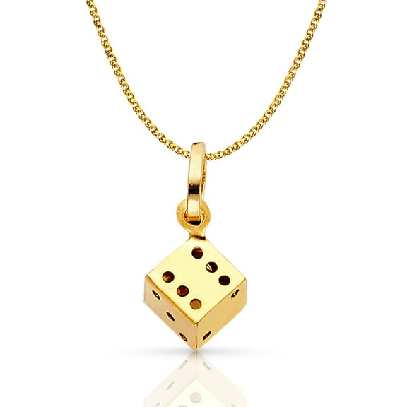 14K Yellow Gold Dice Charm Pendant with 1.2mm Flat Open Wheat Chain Necklace