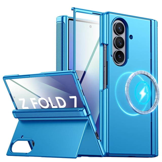 funda goosebox para samsung galaxy z fold 7 con soporte magnético Vista 3/4 frontal y trasera de funda GooseBox azul para Samsung Galaxy Z Fold 7; silueta plegable con bisagra protegida, soporte plegable oculto desplegado en modo atril horizontal, recorte para cámara triple y anillo magnético N52 en la parte posterior, protector de pantalla integrado y textura lisa, adecuada también como soporte estable para videollamadas.