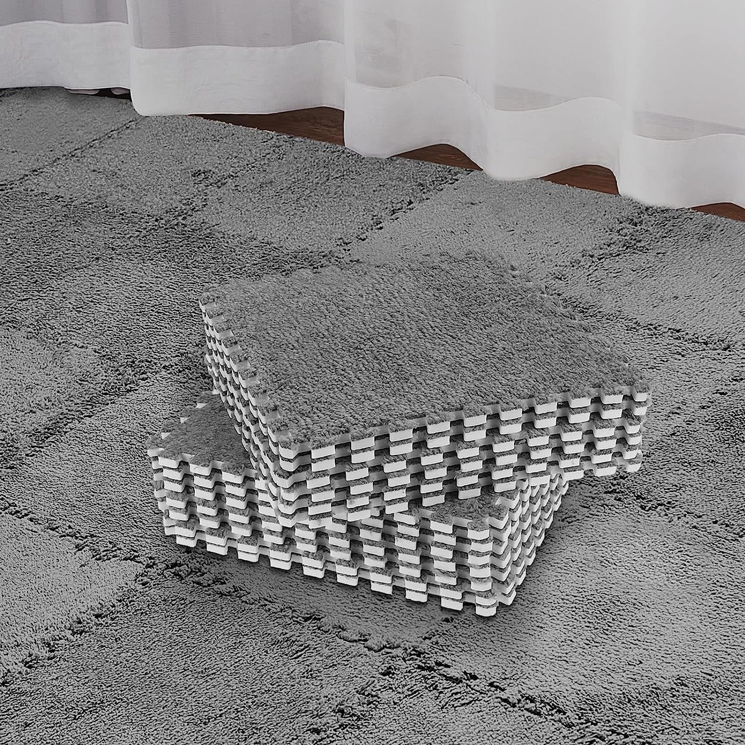 32 Pcs Plush Foam Interlocking Floor Mat Climbing Area Rugs 11.8 x 11.8 Inch Square Soft Fluffy Tiles with Border Play Mat Flooring Tiles for Home Playroom Decoration (White, Gray)