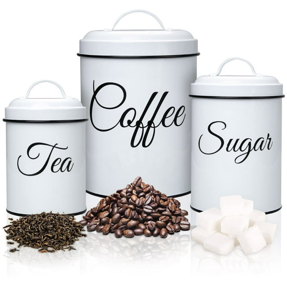 Coffee Tea Sugar Containers for Countertop 3-Piece Stainless Steel Kitchen Canisters Set Sugar Jar Coffee Jar with Lids for Fresher Goods White Farmhouse Kitchen Decor