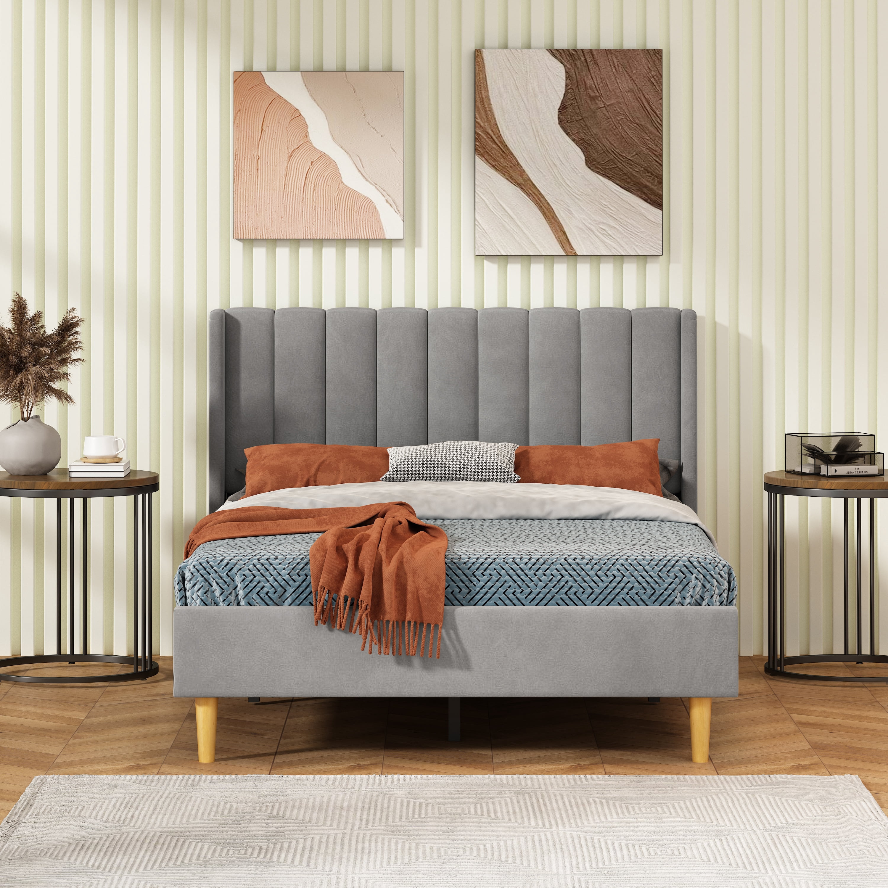 Full Size Upholstered Bed Frame,40.9" High Headboard,Strong Metal Frame,Wooden Slats Support,No Box Spring Needed,Easy Assembly,Velvet Fabric,Gray