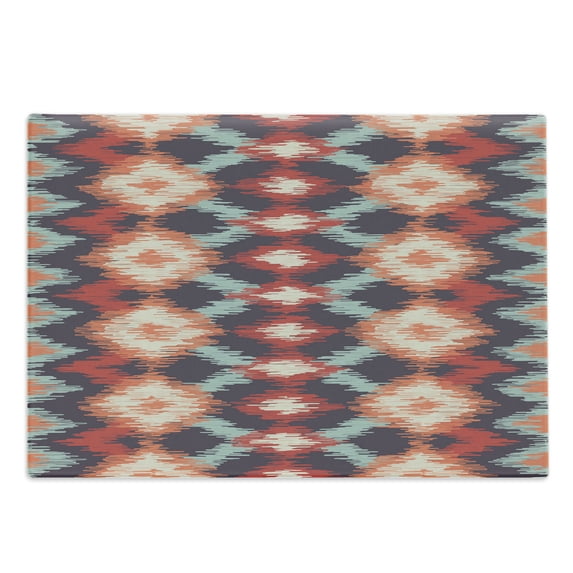 Ikat Cutting Board, Oriental Double Batik Tie-Dye Weaving Style Graphic Ikat Forms Cultural Artisan, Decorative Tempered Glass Cutting and Serving Board, Large Size, Red Orange Teal, by Ambesonne