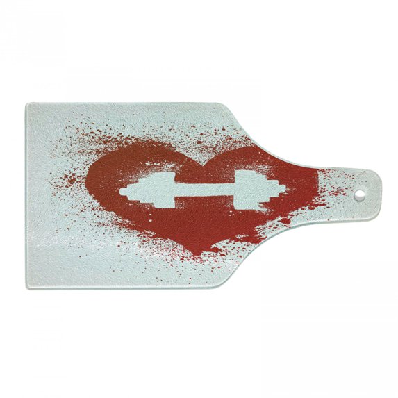 Fitness Cutting Board, Red Heart with Stains Splashes and Dumbbell Grunge Love Design, Decorative Tempered Glass Cutting and Serving Board, Wine Bottle Shape, Red and White, by Ambesonne