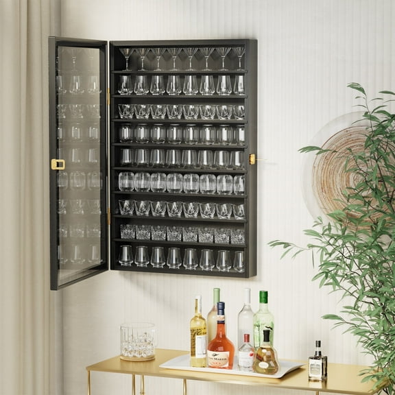 Ymokee Large Wall-Mounted Curio & Shot Glass Display Case 72 Slots with Acrylic Lockable Door & Removeable Shlves for Home, 26.85" x 17.5" x 3.35", Black
