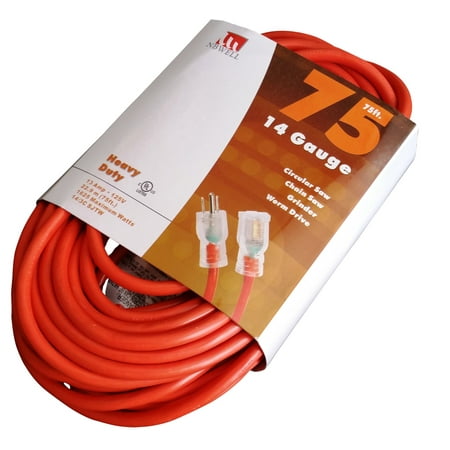 75-Ft 14 Gauge Extension Cord Indoor/Outdoor Lit Ends UL Orange