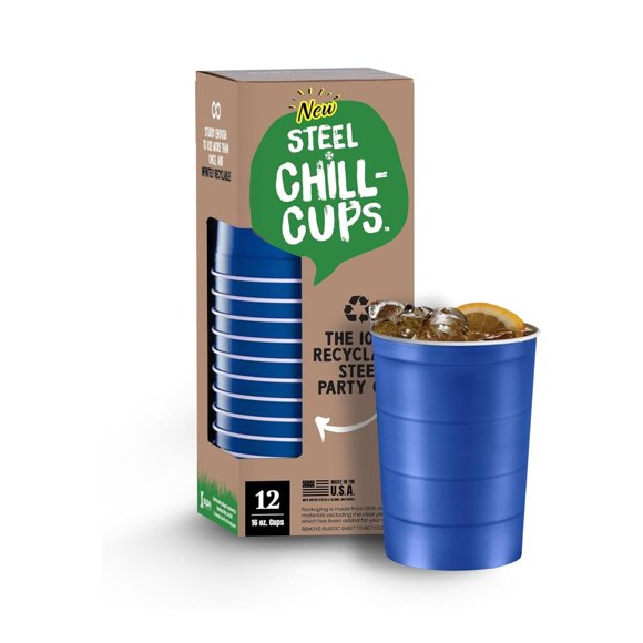 Party Cups Steel Chill Cups, 473 ml, paquete de 12, azules, 100% reciclables