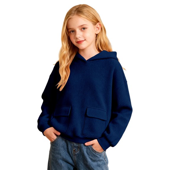 TQWQT Girls Hoodie Sweatshirt Kids Long Sleeve Pullover Tops Casual Solid Color Hooded Jacket Children Clothing Fashion Outerwear Navy 2-3 Years