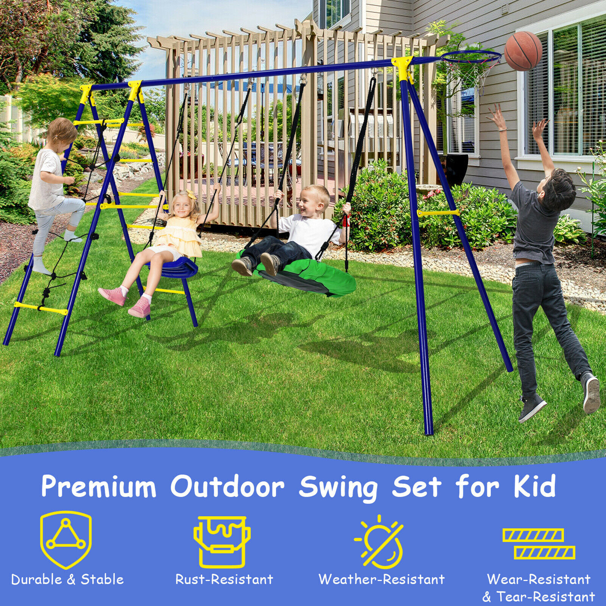 Gymax 5-In-1 Kids Swing Set for Outdoor W/ Heavy Duty Frame Basketball Hoop & Climbing Ladder - image 4 of 10