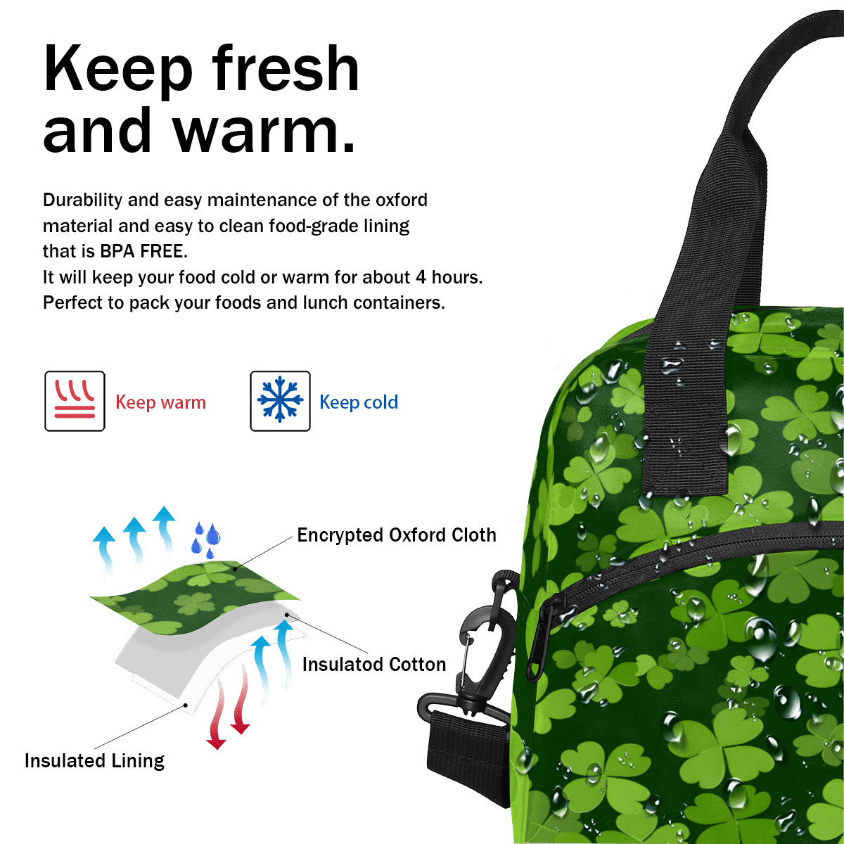 Herdesigns Green Clover Shamrock Insulated Lunch Bag for Women Men Adults Large Reusable Lunch Box St. Patrick's Day Leakproof Cooler Tote Bags with Adjustable Shoulder Strap